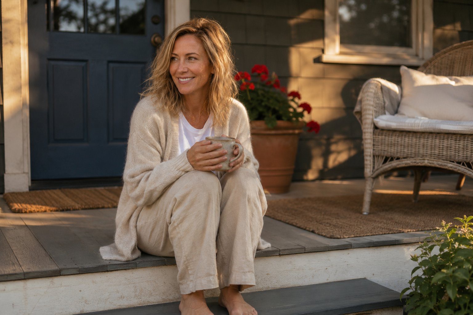 Whitney Lamphere with morning coffee on her porch